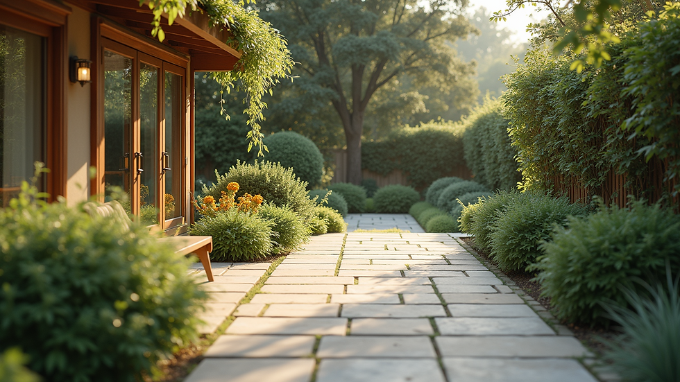 Eye-level view of a serene outdoor space with a peaceful garden