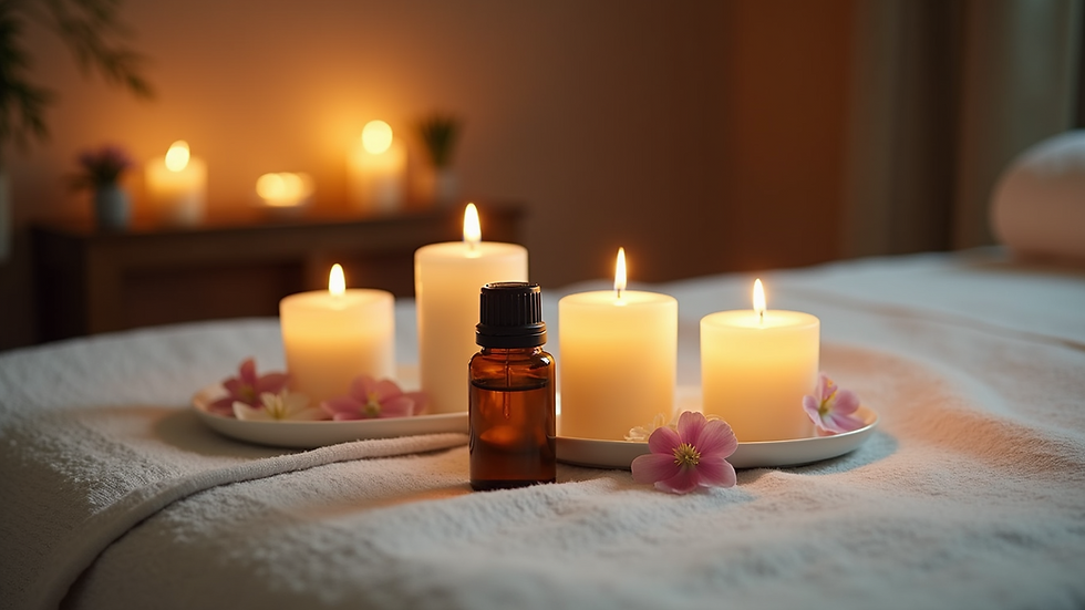 Eye-level view of a massage table with calming candles and essential oils