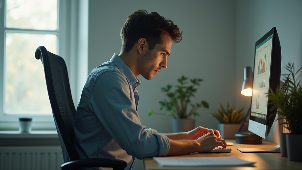 Eye-level view of a person sitting at a desk with poor posture