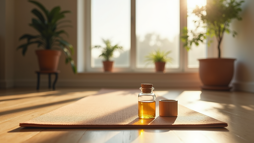 Eye-level view of a yoga mat and herbal medicine setup in a calm room