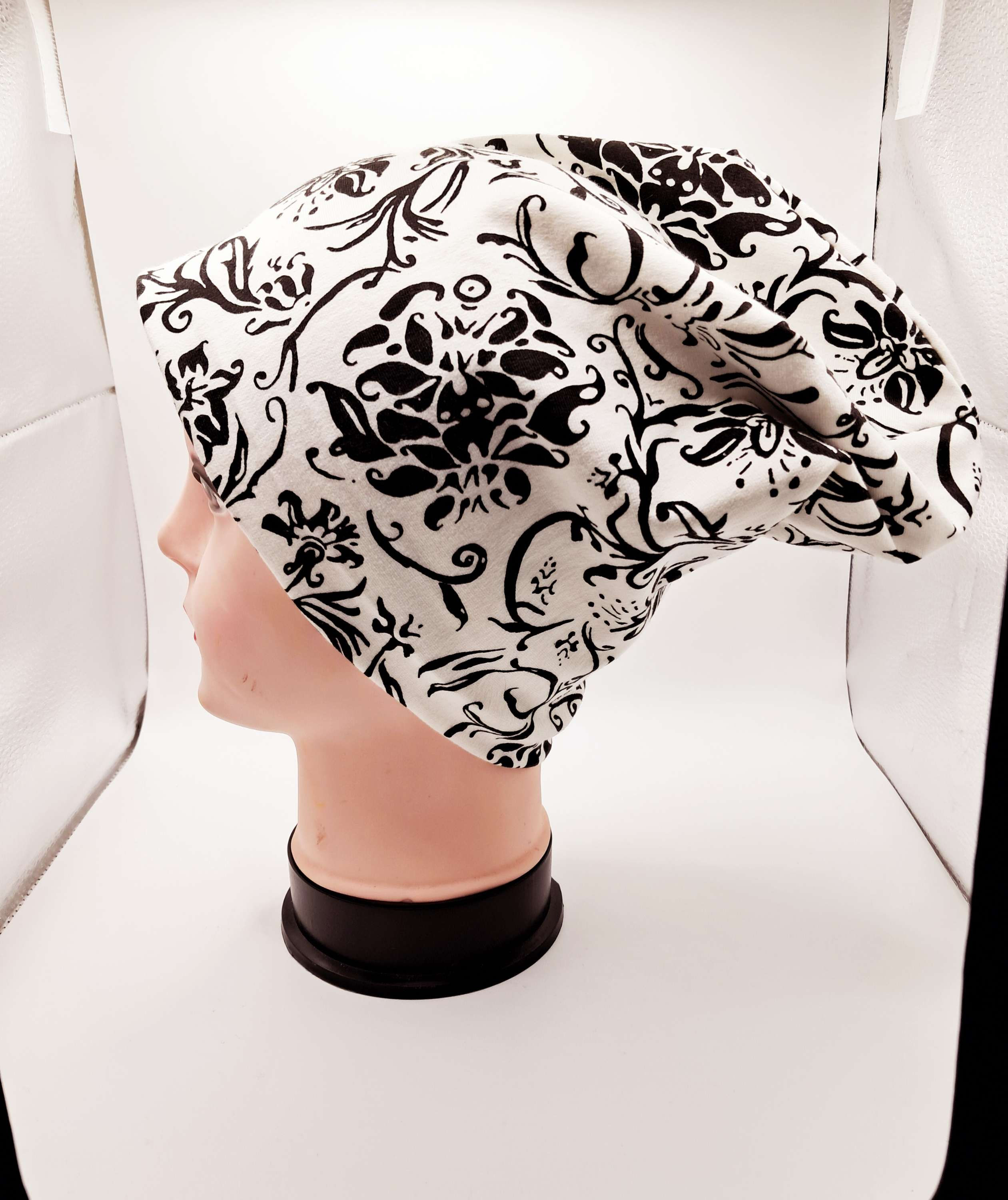 Mütze, weiß, schwarz gemustert, Baumwolljersey