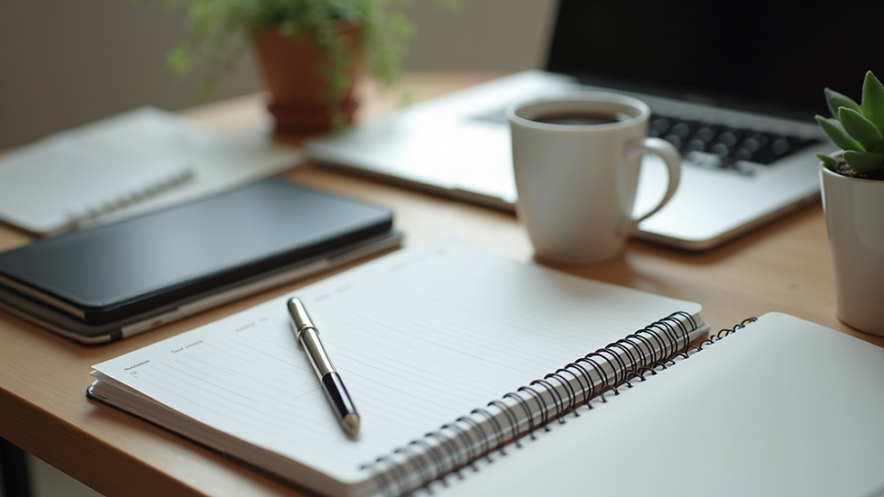 Eye-level view of a tidy workspace with a planner and a cup of coffee
