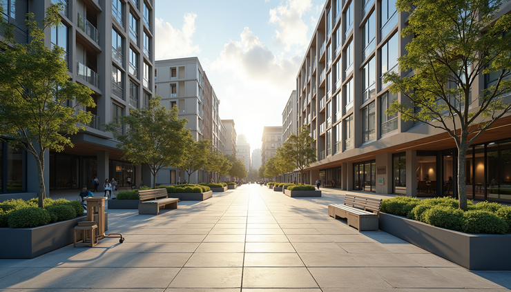 Eye-level view of a modern urban plaza with mixed-use buildings and pedestrian pathways