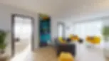 Salon spacieux et lumineux au design contemporain, décoré d’une fresque colorée style métro parisien, fauteuils jaunes vifs et grande baie vitrée. Colocation Châtelet à Annemasse.