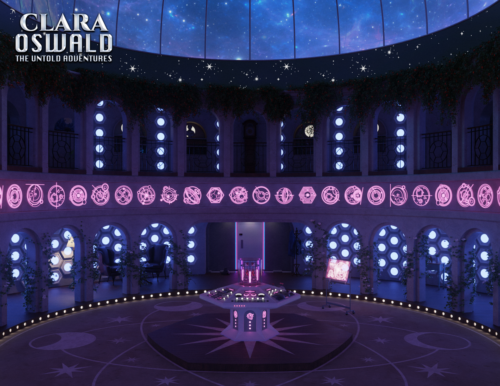 Digital render of Clara's TARDIS set in ‘Bi Lighting Mode’. This wide shot depicts a large, circular room surrounded by marble arches strung with lush foliage. The ceiling is a glass dome showing the cosmic sky. The white control console sits in the centre of the floor on a hexagonal wooden platform. In this mode the set is lit in pink and blue hues. 