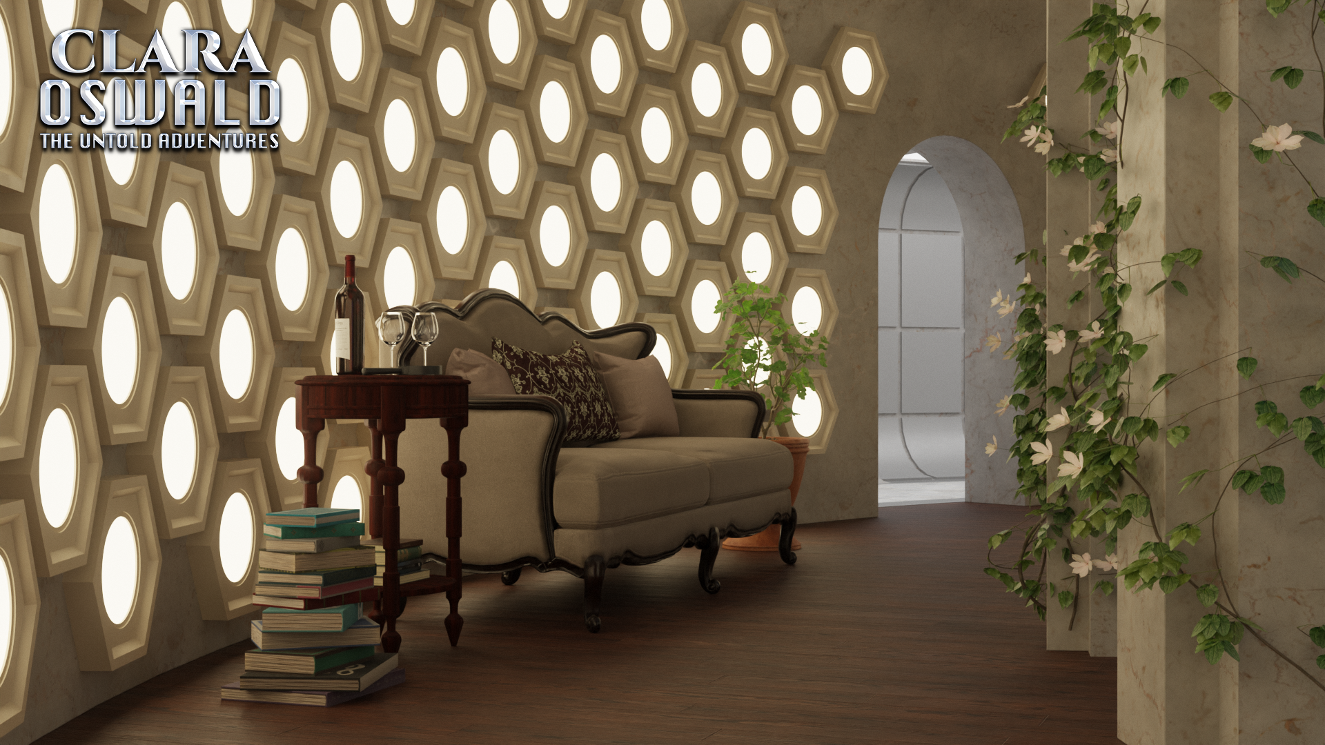 Digital render of Clara's TARDIS set. This shot depicts a luxurious white sofa decorated with cushions. Beside it stands a large pile of books and a small round table holding a magnifying glass and a bottle of red wine with two glasses. On the far side of the sofa is a large pot plant. 