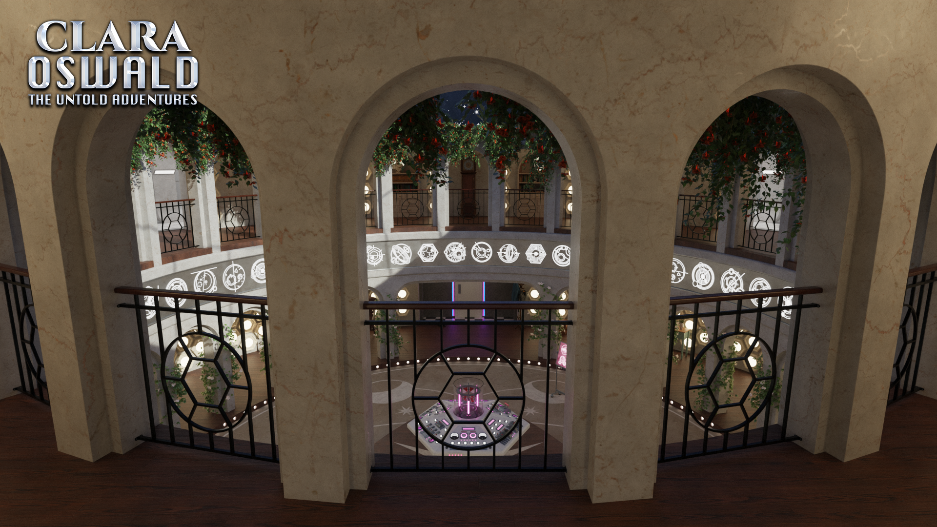 Digital render of Clara's TARDIS set. This shot depicts the marble arches and balconies lining the round upper hallway overlooking the main control area. Below the white control console sits in the centre of the floor on a hexagonal wooden platform.