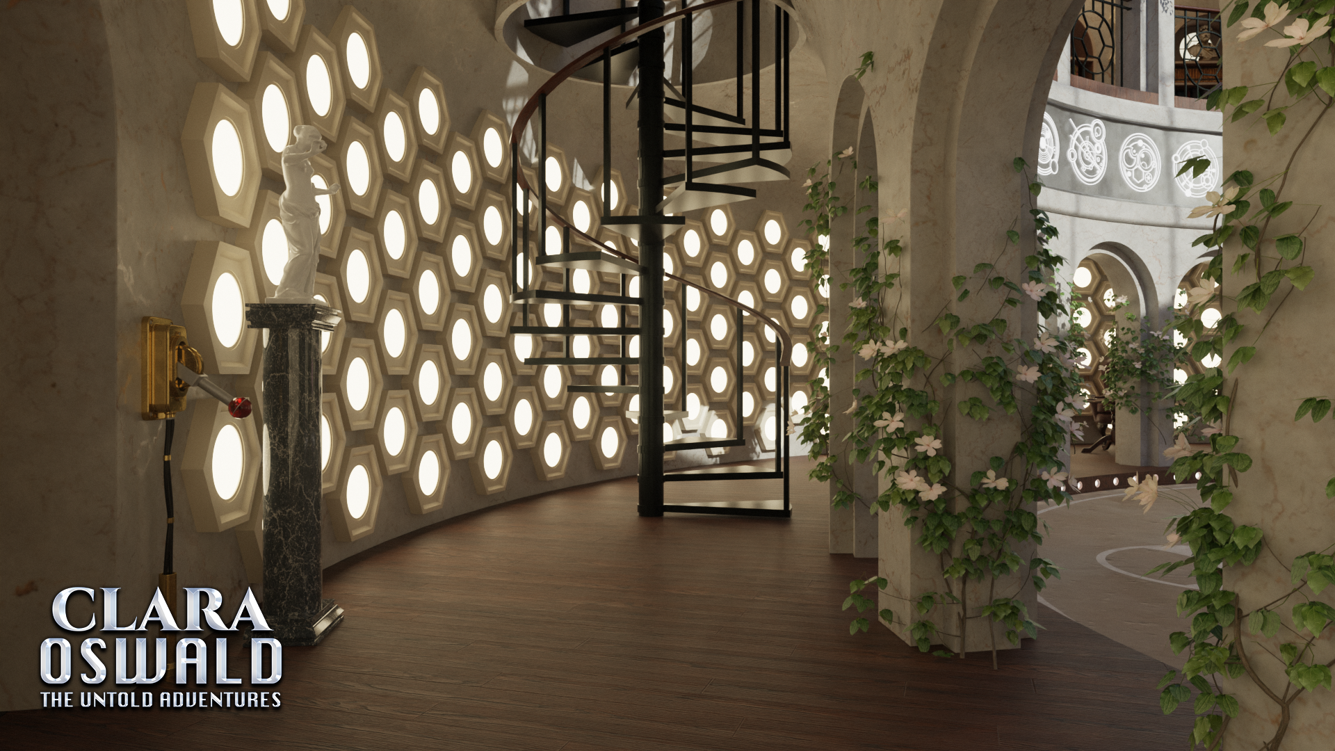 Digital render of Clara's TARDIS set. This shot depicts a black metal spiral staircase leading to the upper floor of the console room. In the foreground stands a marble plinth holding a roman-style alabaster sculpture of a woman. A brass lever is fixed to the wall.