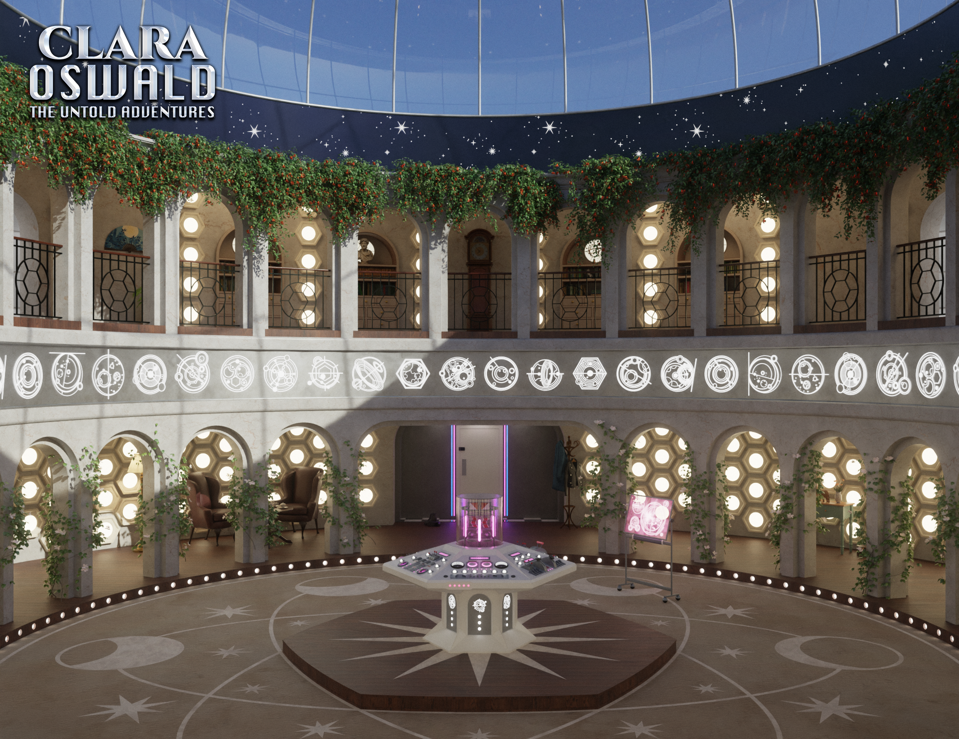 Digital render of Clara's TARDIS set. This wide shot depicts a large, circular room surrounded by marble arches strung with lush foliage. The ceiling is a glass dome showing the daylight sky. The white control console sits in the centre of the floor on a hexagonal wooden platform.
