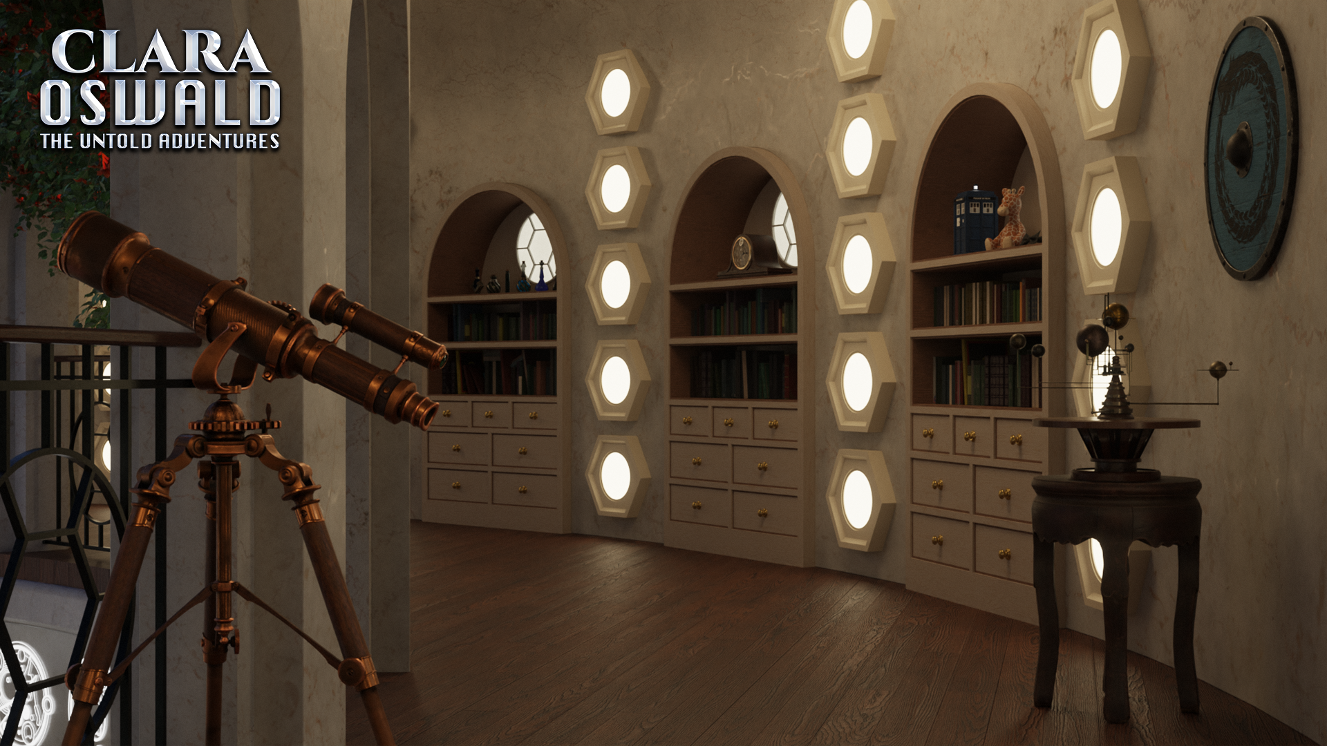 Digital render of Clara's TARDIS set. This shot depicts the round upper hallway with bookshelves embedded in its marble walls. A telescope sits in the foreground along with a solar system model standing on a small wooden table. A blue Viking round shield hangs above it. The nearest bookshelf is decorated with a toy police box, a stuffed giraffe, and a bow tie. 