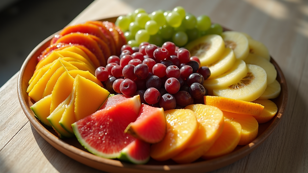 High-angle view of a neatly arranged fruit platter with various colors
