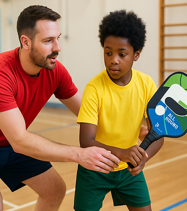 coach teaching pickleball in school