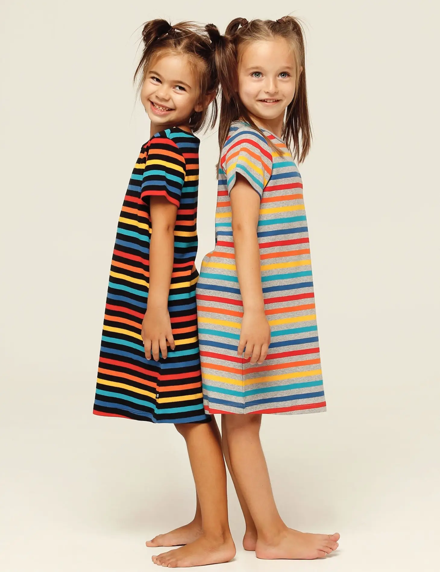 Thumbnail: QT UK - Girls Organic Cosy Rib Dress - Black Multi-stripe