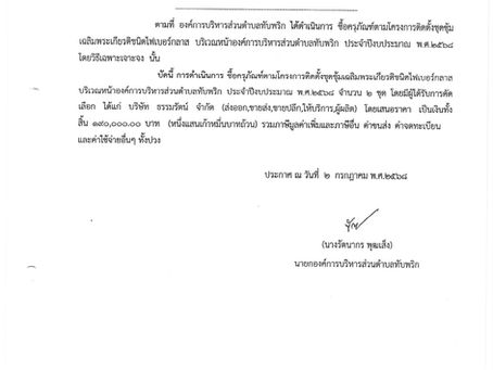 ประกาศผู้ชนะการเสนอราคา ซื้อครุภัณฑ์ตามโครงการติดตั้งชุดซุ้มเฉลิมพระเกียรติชนิดไฟเบอร์กลาส บริเวณศูนย์พัฒนาเด็กเล็กบ้านทับพริก ประจำปีงบประมาณ พ.ศ.2568 โดยวิธีเฉพาะเจาะจง