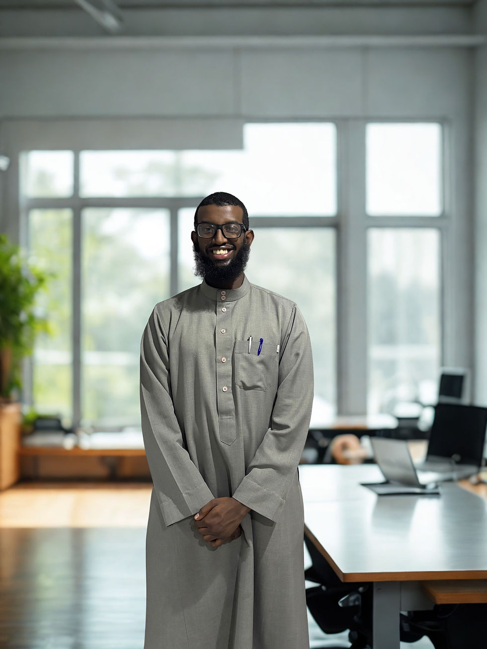 Full-body portrait of Omar standing in a bright office, landscape orientation