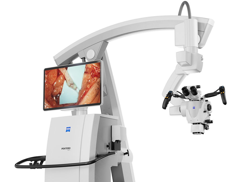 Close-up view of a neurosurgical microscope used in brain surgery