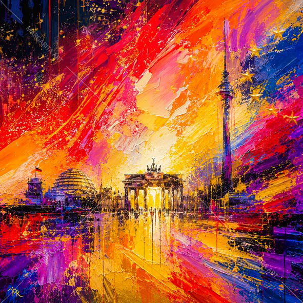 Миниатюра: Berlin Pop Art Kunstwerk „Heart of Europe“ mit Brandenburger Tor, Reichstag und Fernsehturm von Margari