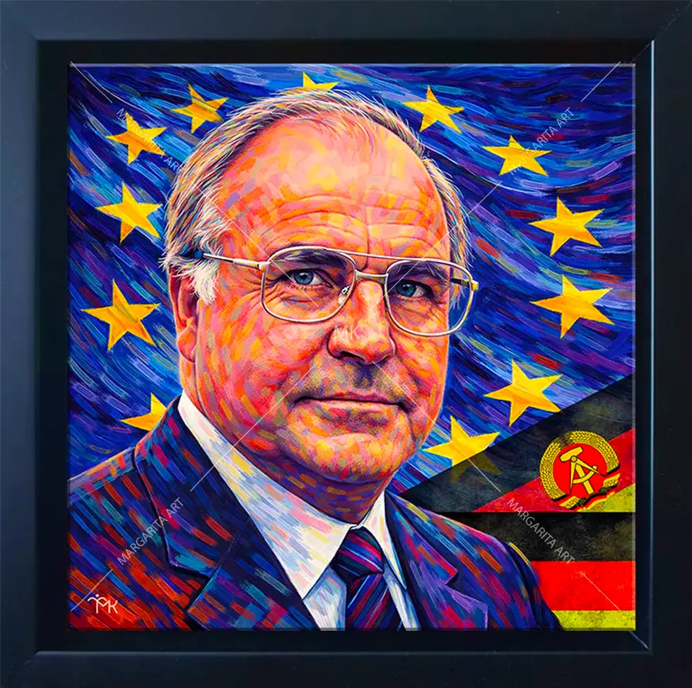 Helmut Kohl Bundeskanzler Pop Art Porträt im schwarzen Rahmen. Künstlerin Margarita Kriebitzsch.