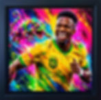 Vinícius Júnior als expressives Pop-Art-Porträt mit Chamäleon in leuchtenden Neonfarben. Schwarz gerahmt.