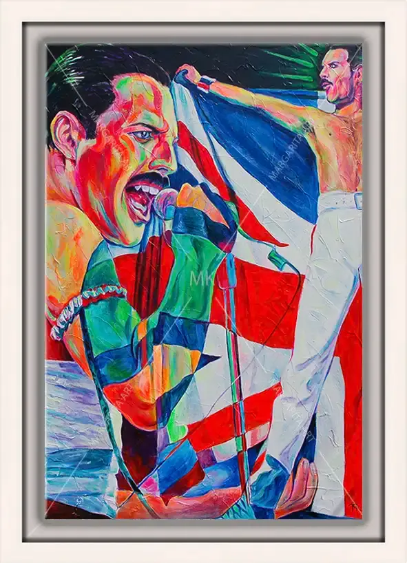 Pop Art Portrait des Queen-Sängers Freddie Mercury als Kunstdruck vorgestellt von Künstlerin Margarita Kriebitzsch