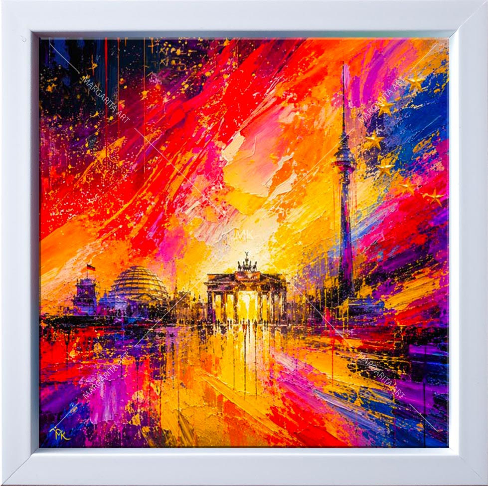 Миниатюра: Berlin Pop Art Kunstwerk „Heart of Europe“ im weißen Bilderrahmen als stilvolle Wandkunst von Margarita Kriebitzsch.