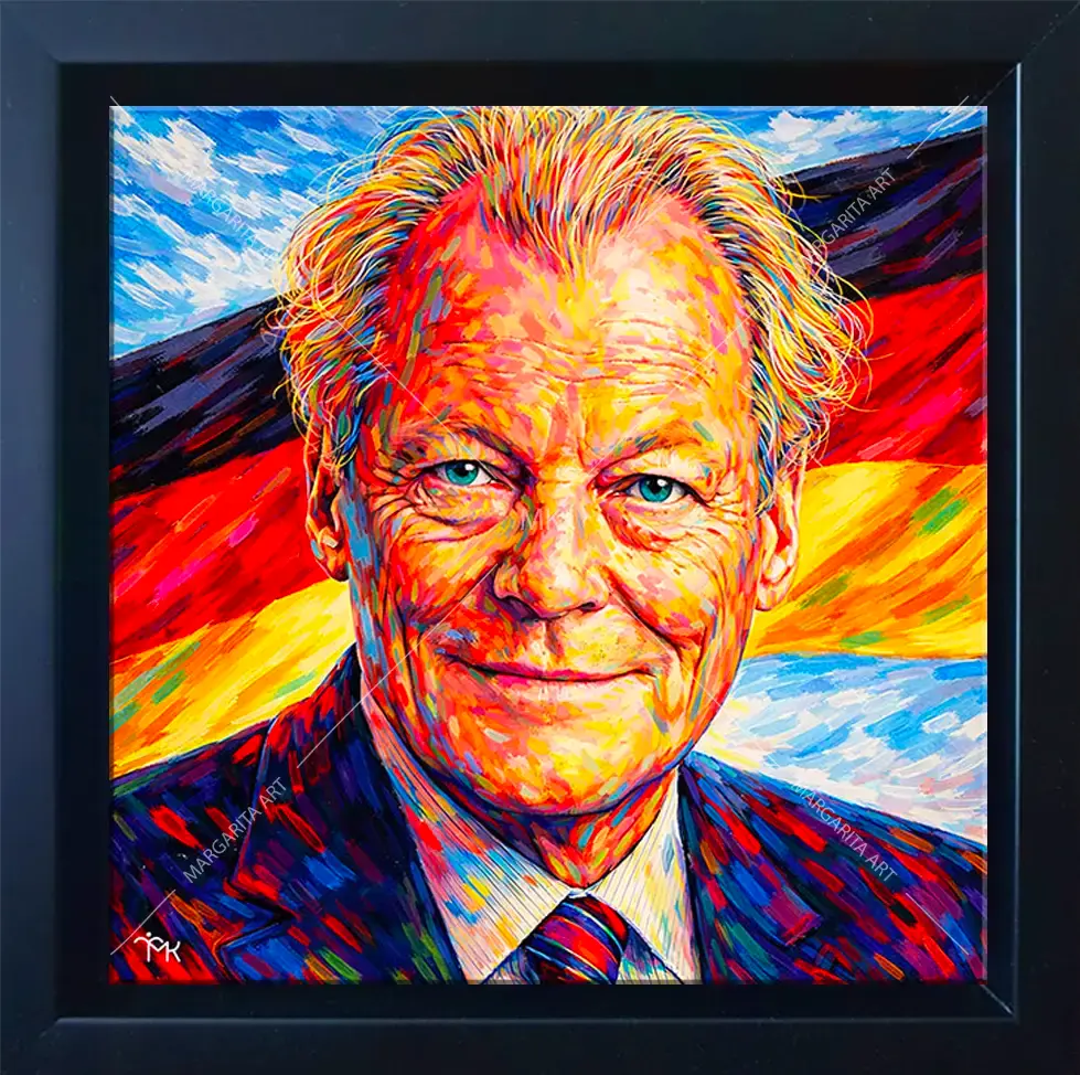 Willy Brandt Bundeskanzler Pop Art Porträt im schwarzen Rahmen. Künstlerin Margarita Kriebitzsch.