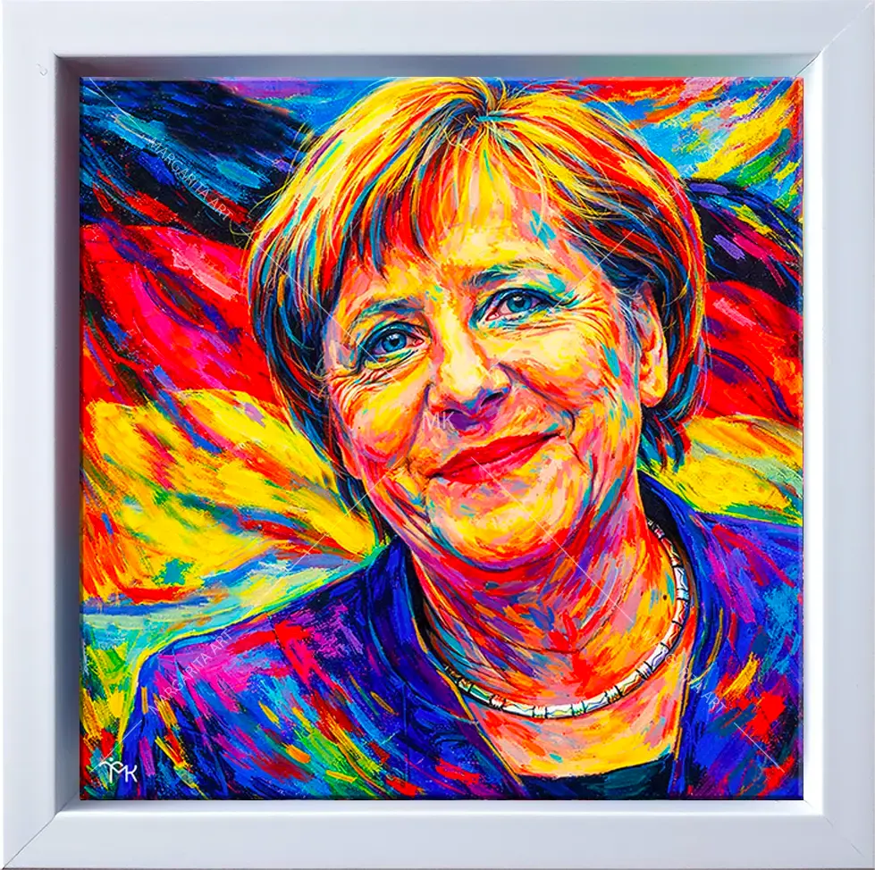 Angela Merkel Bundeskanzlerin Pop Art Porträt im weißen Rahmen. Künstlerin Margarita Kriebitzsch.