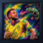 Neymar als expressives Pop-Art-Porträt mit Chamäleon. Schwarzer Schattenfugenrahmen.