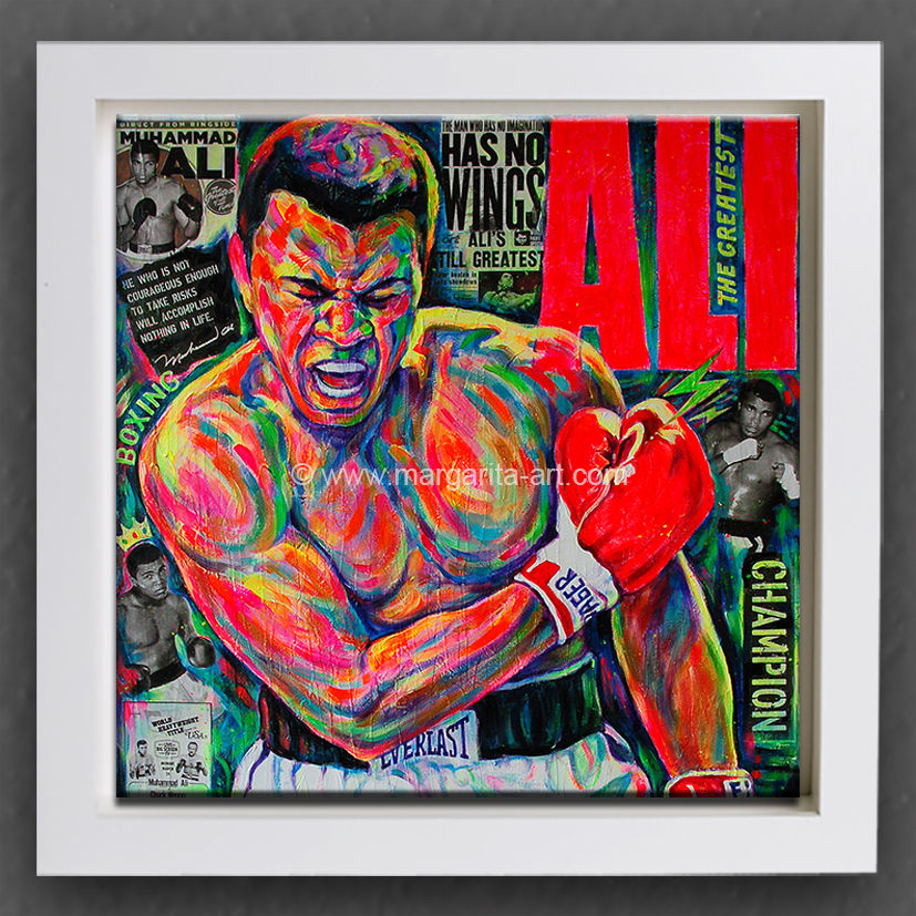 Pop Art Portrait des Box-Weltmeisters Muhammad Ali weiß gerahmt