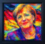 Angela Merkel Bundeskanzlerin Pop Art Porträt im schwarzen Rahmen. Künstlerin Margarita Kriebitzsch.