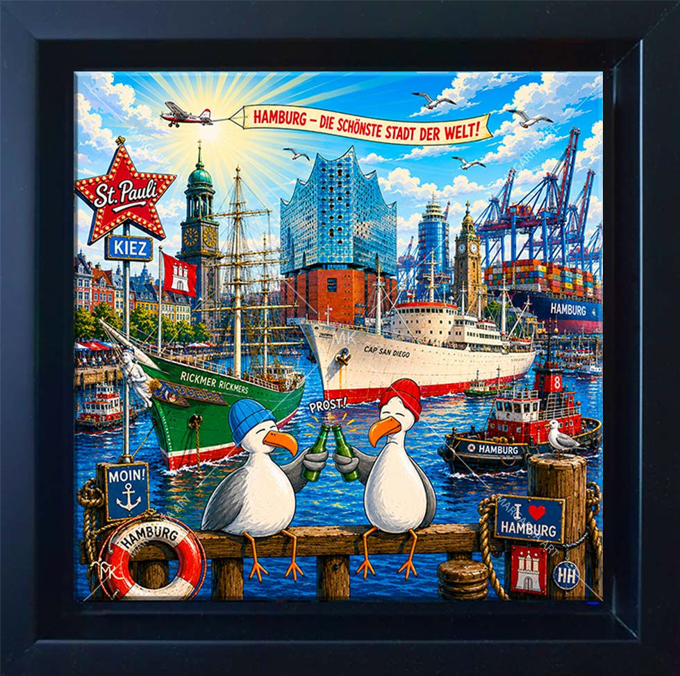 Zwei lustigen Möwen am Hamburger Hafen Kunstdruck in schwarzem Rahmen