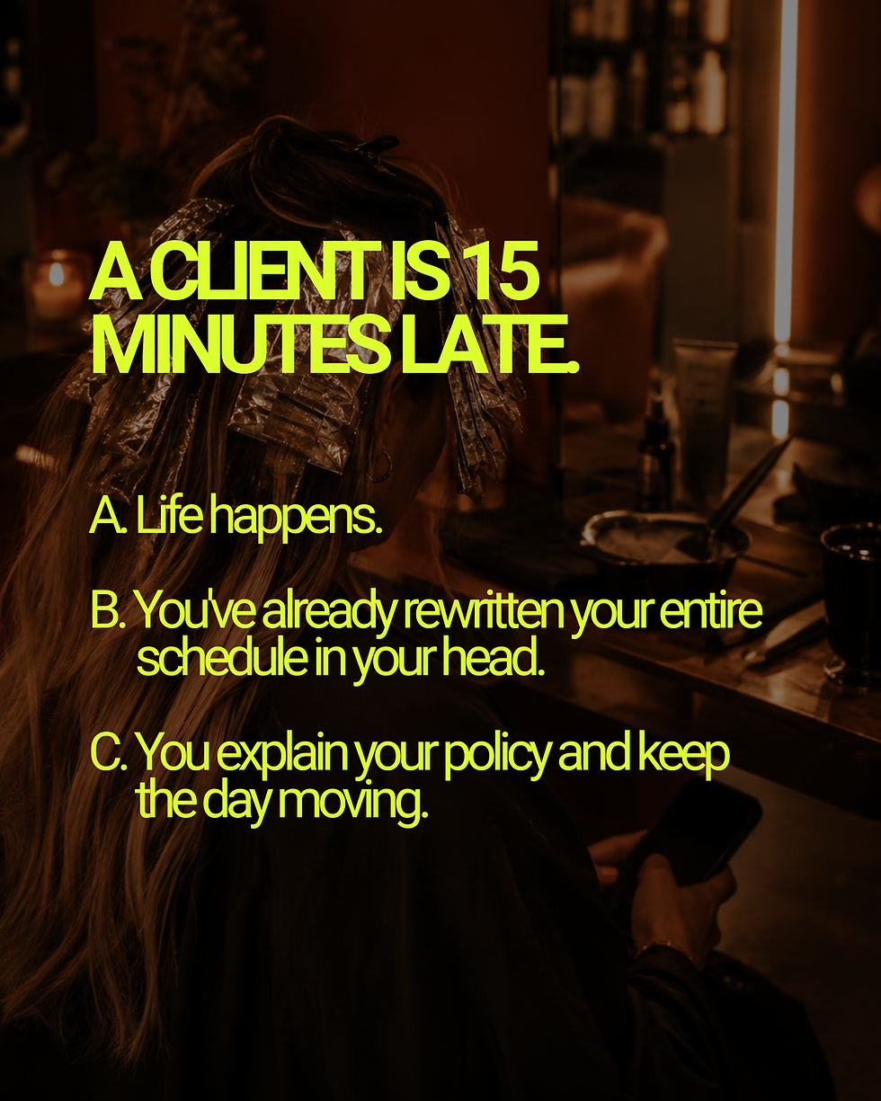 Hairstylist personality quiz question about client communication, consultation management, salon boundaries, and professional hairstylist behavior in a modern salon setting.