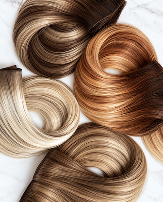 4 different colors of professional hand-tied hair extensions in blonde, brunette, dimensional, and copper tones