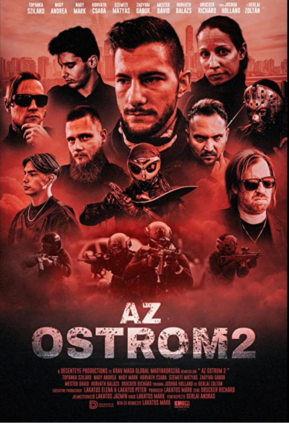 A poster depicting all of the characters in a red colour scheme. Some holding weapons