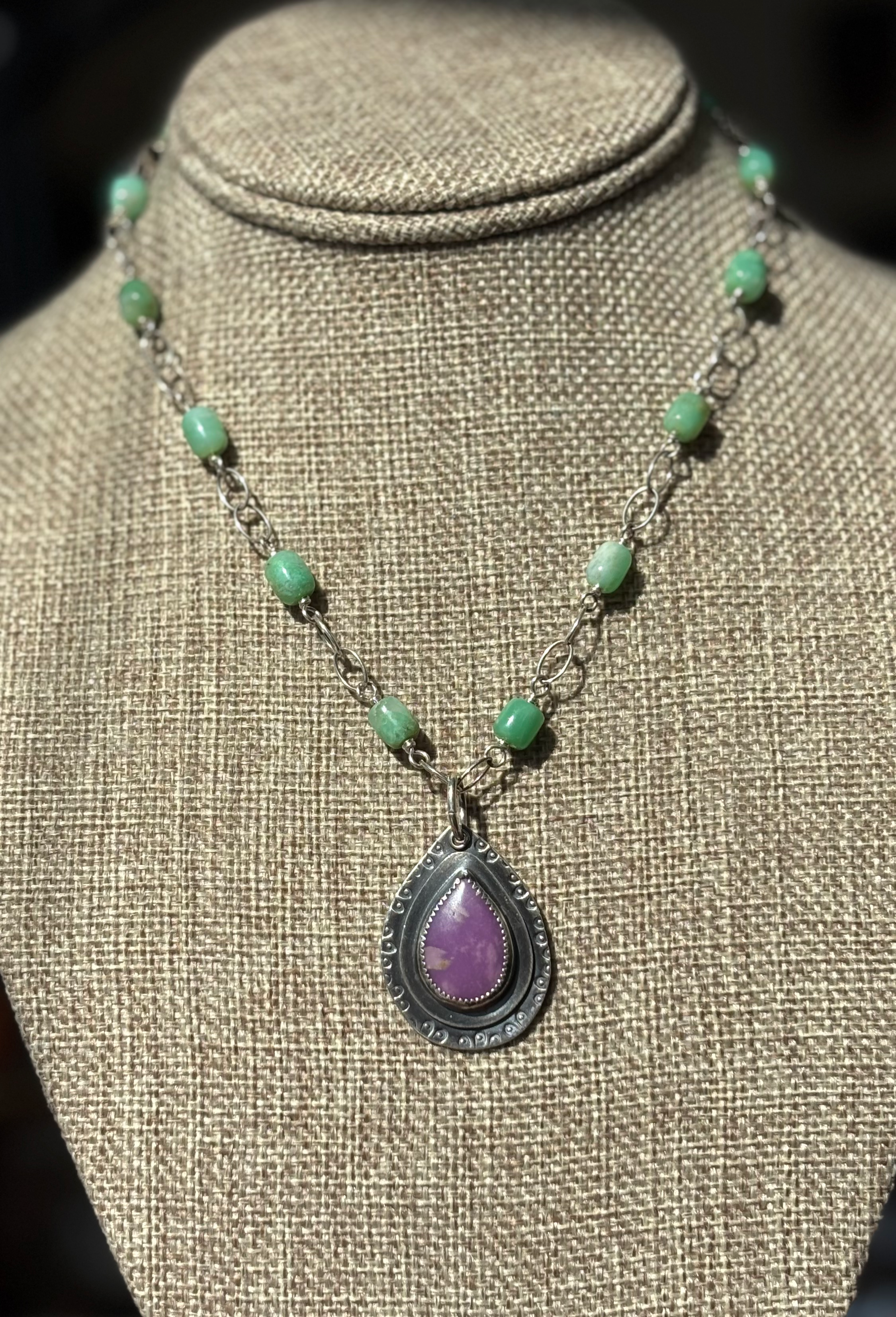 Phosphosiderite Tear  on Chrysoprase Chain