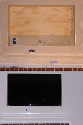 TV over fireplace before and after pic by RD Construction