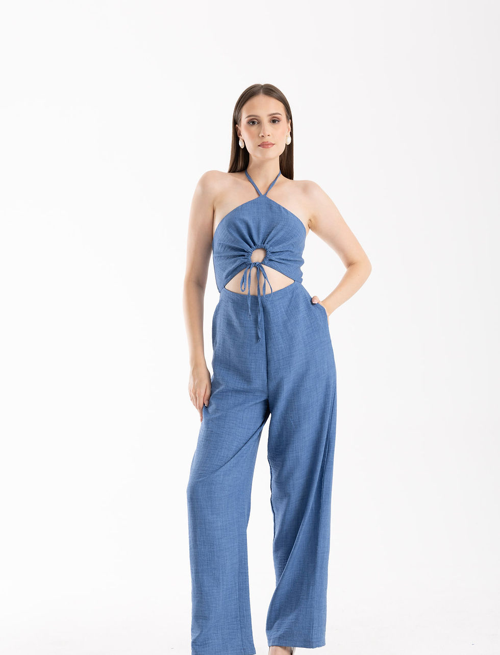 Mavi Sırt Dekolteli Tulum