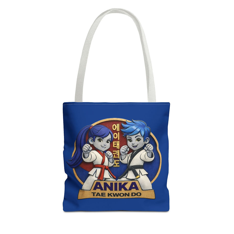 Thumbnail: Blue tote bag with Anika Tae Kwon Do design