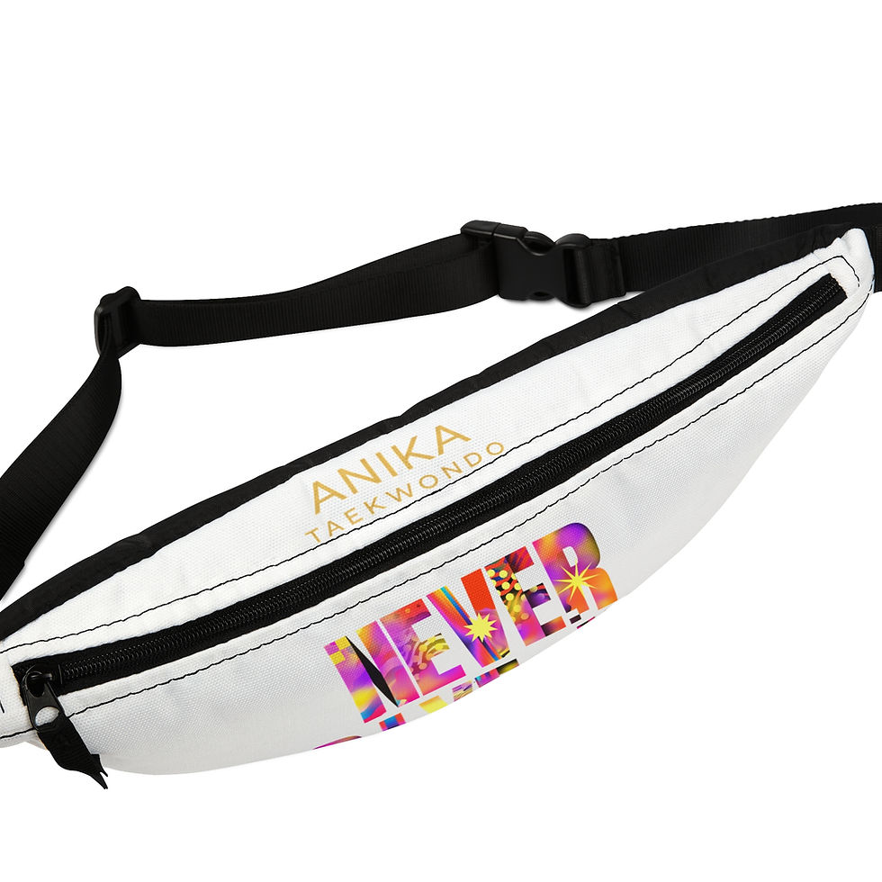 White fanny pack with Anika Taekwondo logo and 'NEVER' text