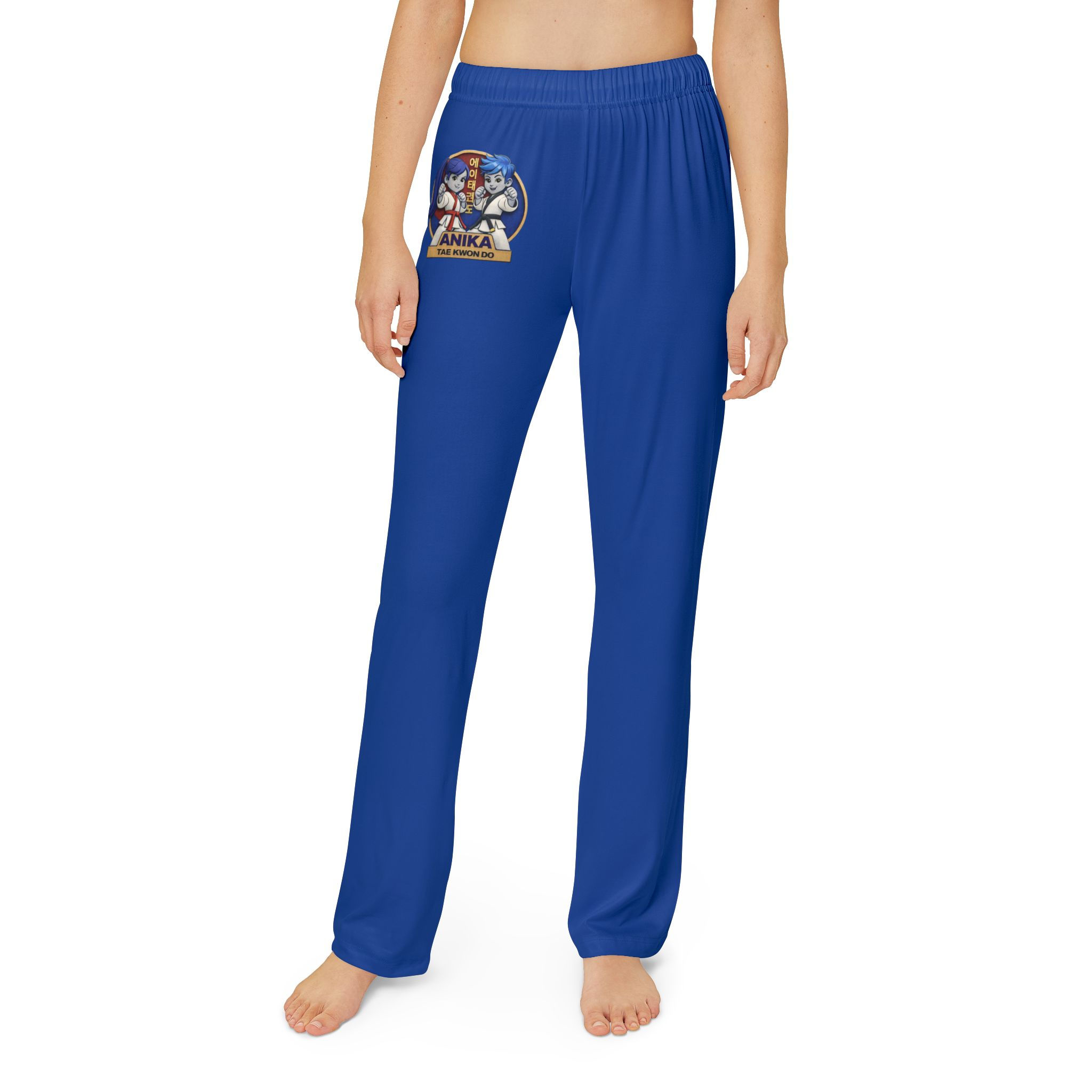 Blue pants with graphic logo