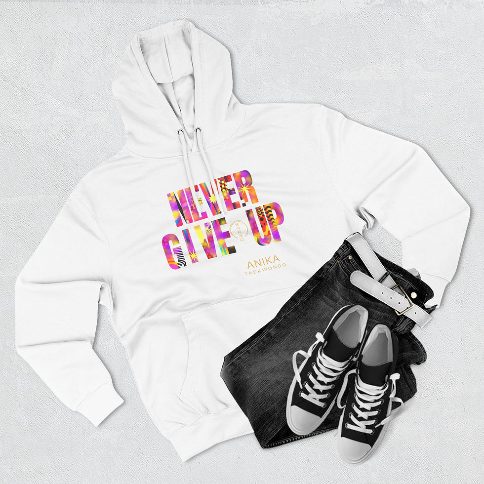 Thumbnail: White 'NEVER GIVE UP Anika taekwondo' hoodie, jeans, sneakers