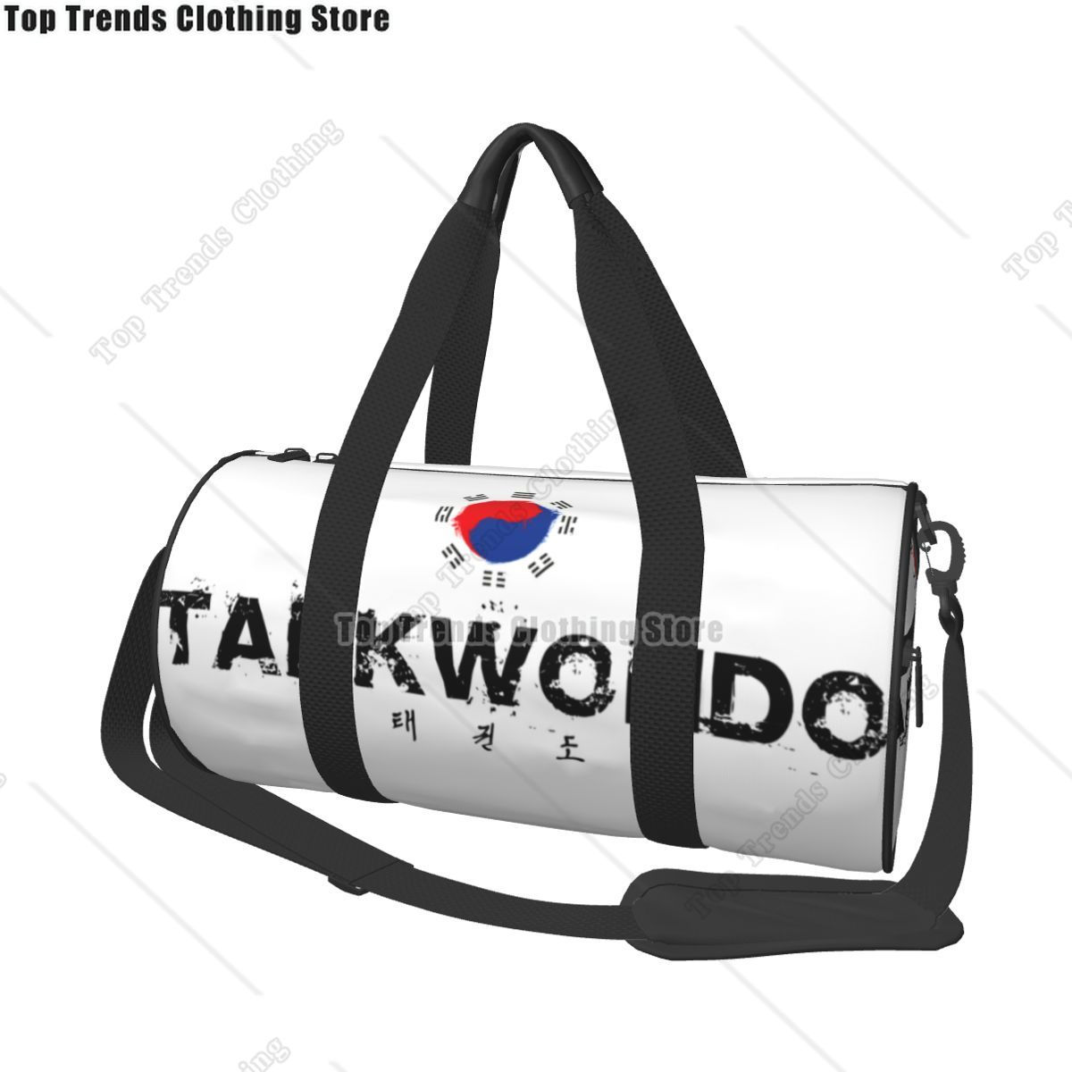 White Taekwondo duffel bag with black straps and Taeguk logo
