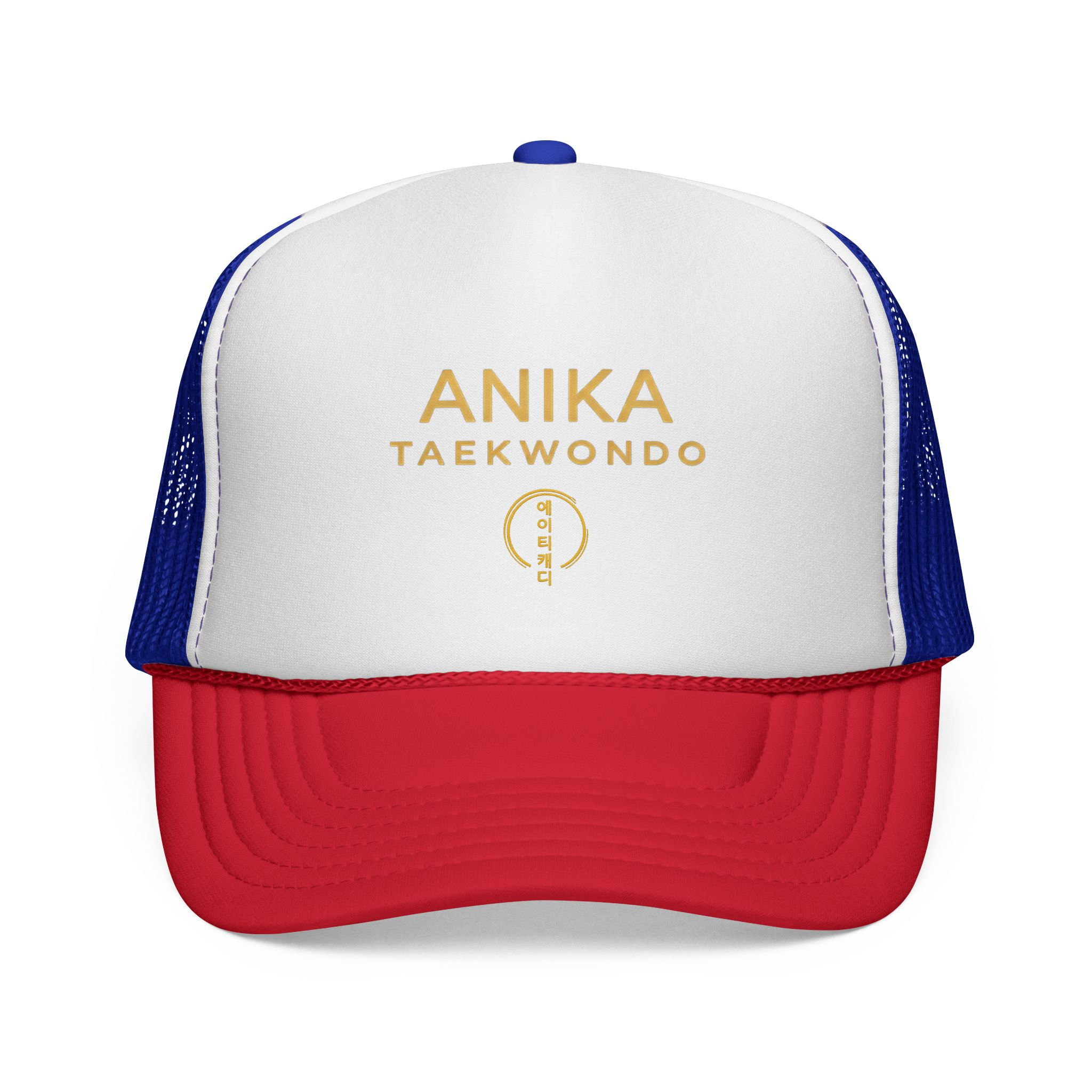 Red, white, blue trucker hat with gold 'ANIKA TAEKWONDO' text.