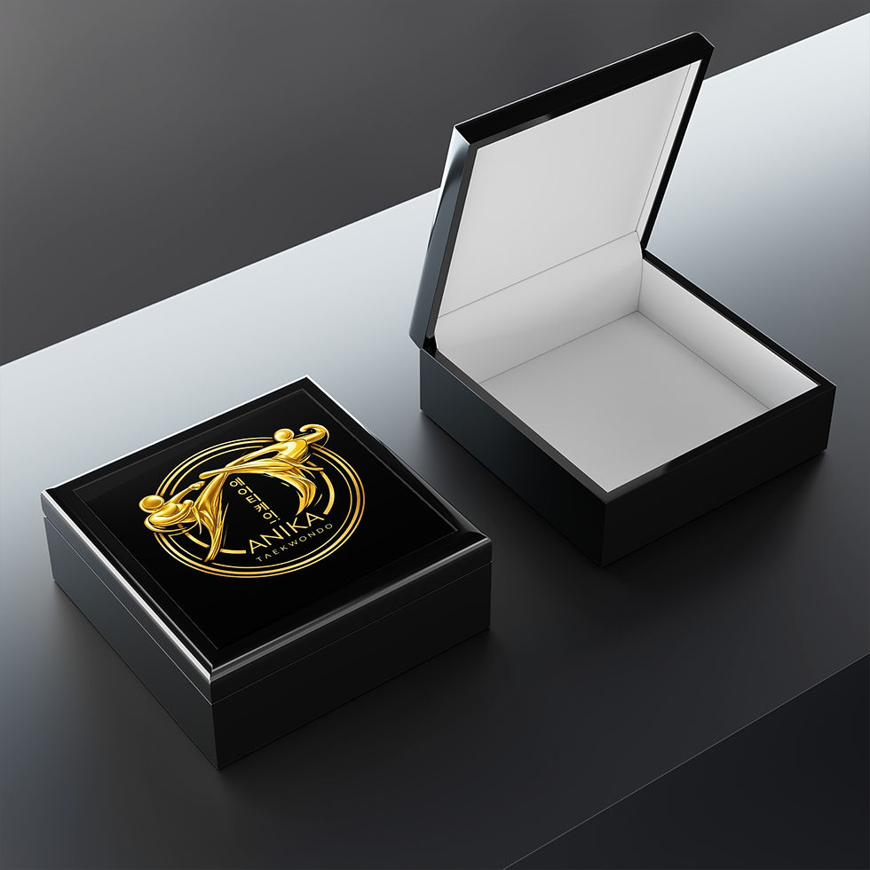 Thumbnail: Black glossy boxes, one closed with golden Anika Tae Kwon Do logo, one open