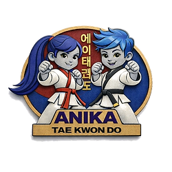 ANIKA TAE KWON DO logo with two kids in gis, Korean text