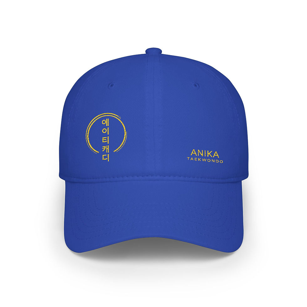 Thumbnail: Blue cap with gold Anika Creations and Korean logo