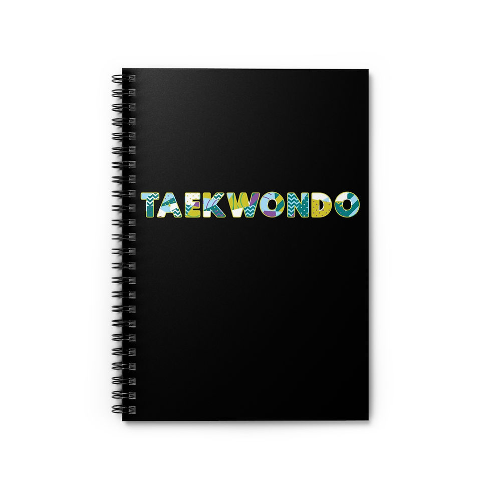 Black spiral notebook with colorful 'TAEKWONDO' on cover
