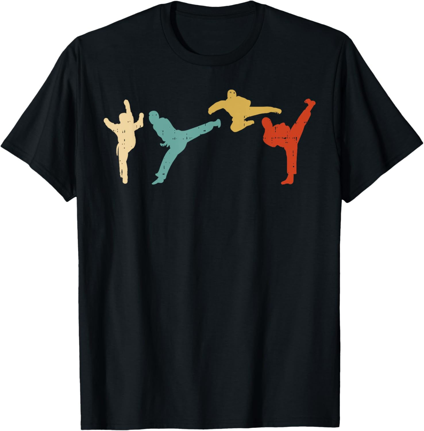 Black t-shirt with colorful Taekwondo kick silhouettes