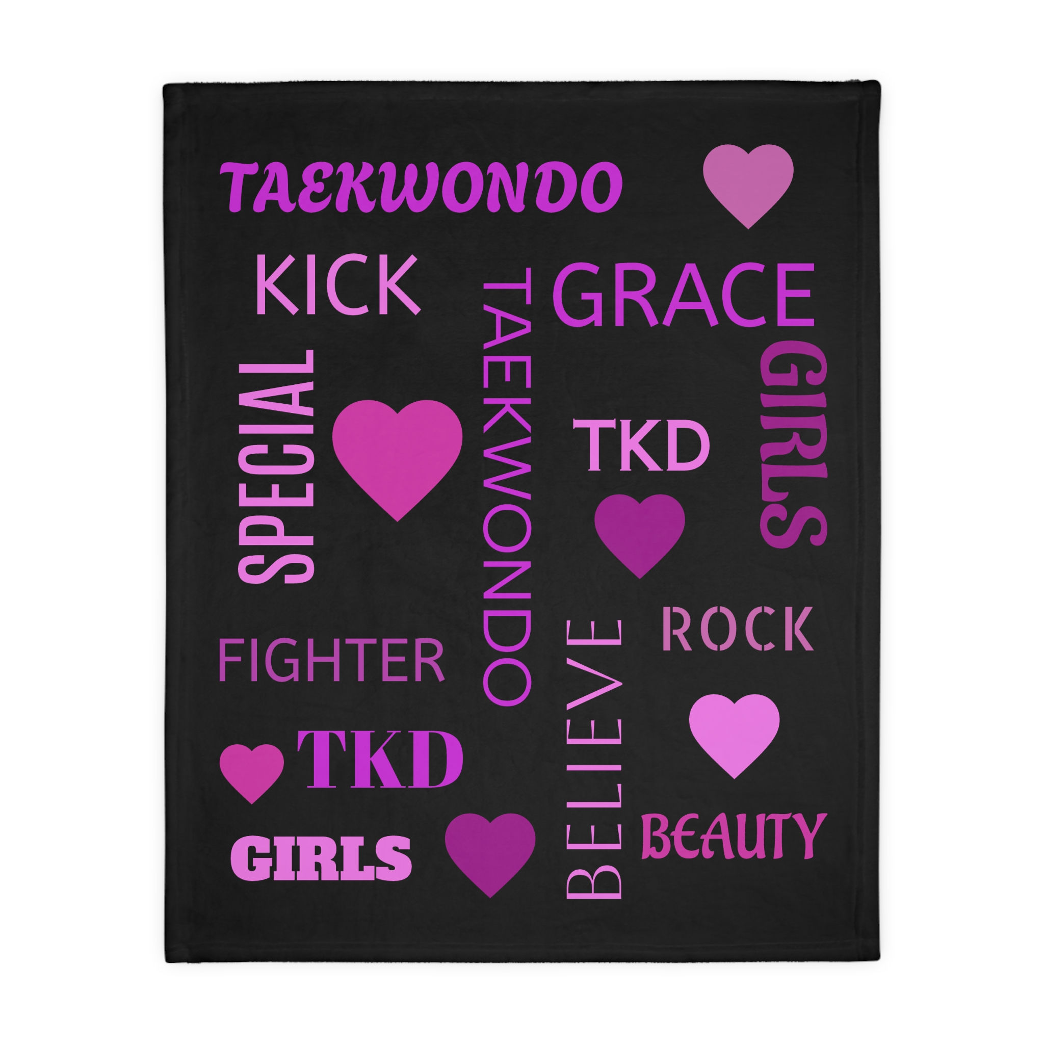 Taekwondo Girls Heart Blanket — Pink TKD Words Velveteen Throw