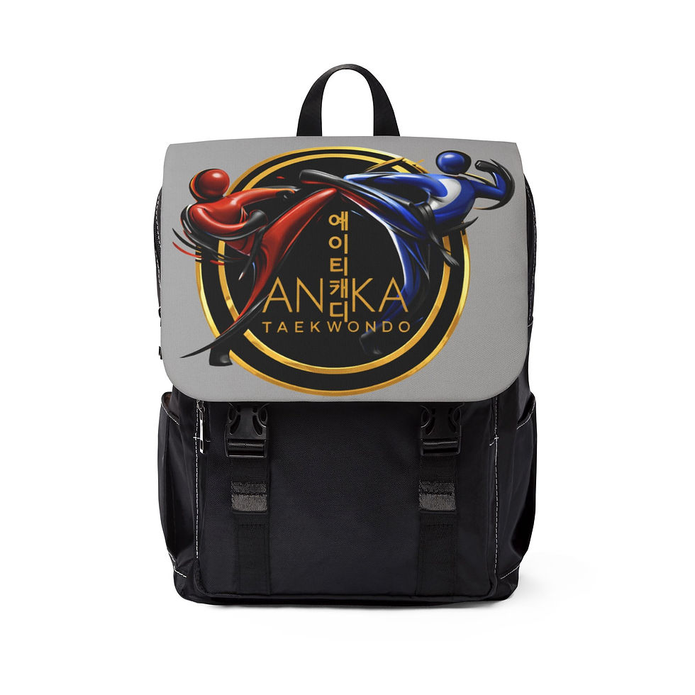 Black and grey backpack with Yanka Taekwondo logo